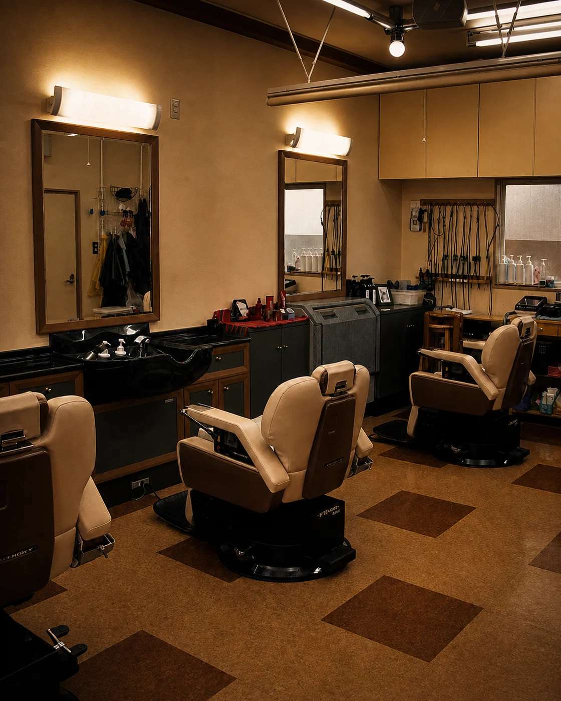 Hair's Palette の店内。鏡とシャンプー台が並び、3脚の理容椅子を備えた落ち着いた空間